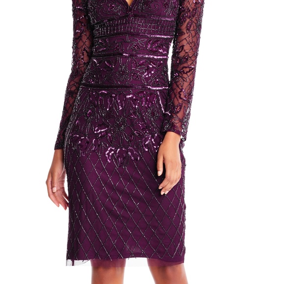 Adrianna Papell V-Neck Beaded Dress Deep Amethyst - Picture 4 of 5